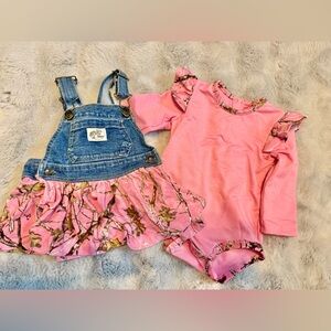 Bass Pro Shops Pink and Denim Camo Overalls Dress Set and Onesie